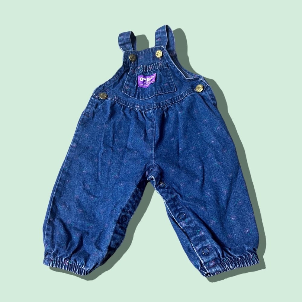 Vintage OshKosh B’Gosh Genuine Article Vestbak Denim Overalls W/Purple Flowers